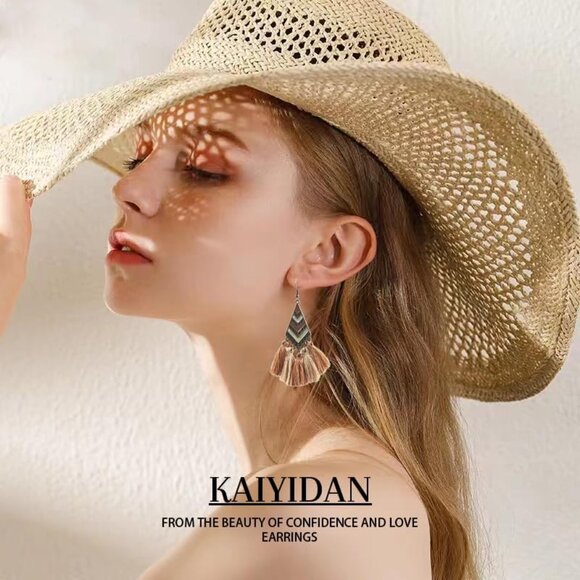 Brown Tassels Geometric Shape Dangle Statement Vintage Dainty Earring for Women - Picture 8 of 9